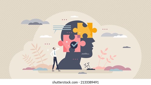 Decision mind puzzle and problem solving in head or brain tiny person concept. Analysis process with symbolic jigsaw puzzle pieces vector illustration. Smart psychological and mental thoughts thinking