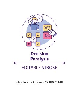 Decision Paralysis Concept Icon. Procrastination Reason Idea Thin Line Illustration. Inability Choosing Between Options. Cognitive Overload. Vector Isolated Outline RGB Color Drawing. Editable Stroke