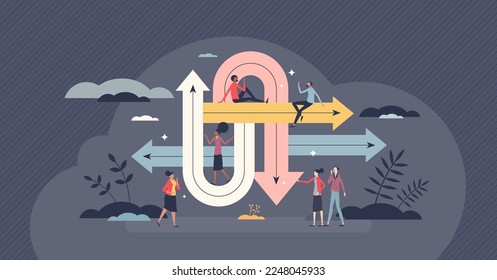 Ruta de decisión como carreteras con varias opciones de solución concepto de persona pequeña. Orientación estrecha e incierta con ilustración vectorial de encrucijada difícil y desordenada. Las opciones futuras y la lucha por el dilema.