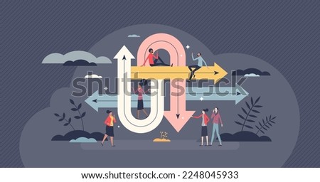 Decision path as roads with various solution options tiny person concept. Tangly and uncertain guidance with difficult and messy crossroads vector illustration. Future choices and dilemma struggle.