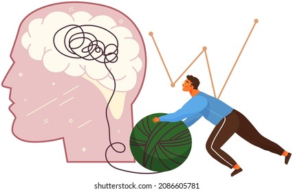 Decisión de problemas psicológicos. El terapeuta desenreda la bola de hilo en la cabeza. Asistencia psicológica, mantenimiento de la actividad cerebral. Psicoterapia, tratamiento de la salud mental, desarrollo de la personalidad