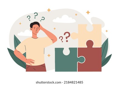 Decision puzzle concept. Man trying to solve problem, businessman or entrepreneur with puzzle, creative person and brainstorming. Thoughtful character strategizing. Cartoon flat vector illustration