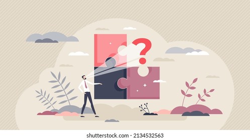 Decision puzzle as thinking best solution for problem tiny person concept. Confused businessman about choice and strategy vector illustration. Complex problem for difficulty as missing jigsaw piece.