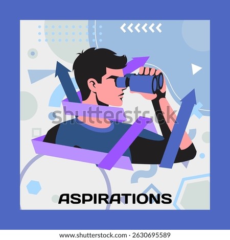 Decision searching. Man looking through binoculars. Aspiration arrows. Choice dilemma. Businessman finding man. Goals choose. Business staff. Paths option selection. Mind motivation. Vector concept