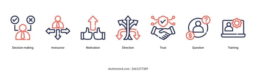 Decision Skill web banner icon vector illustration featuring Decision Making, Instructor, Motivation, Direction, Trust, Question, and Training.