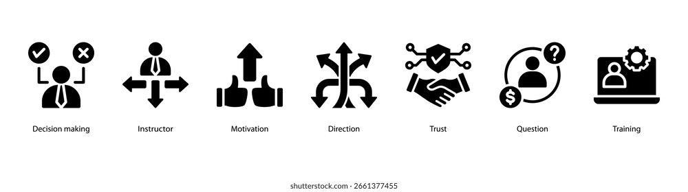 Ilustração vetorial do ícone do banner da web da habilidade de decisão apresentando tomada de decisão, instrutor, motivação, direção, confiança, pergunta e treinamento.