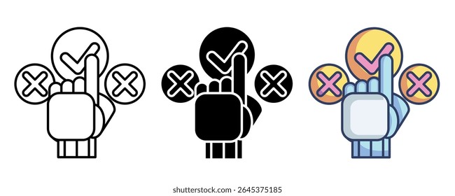 Decision support system icon represented by correct sign, wrong sign, robot hand Line, Filled, Color style.