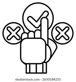 Decision support system icon represented by correct sign, wrong sign, robot hand Line style.