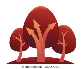 Decision tree concept - grungy trees with three arrows as variations of choice