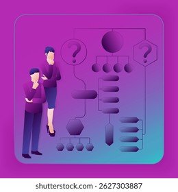 Decision tree diagram for identifying problems and opportunities in the decision-making process. People. Glass morphism. Vector illustration.