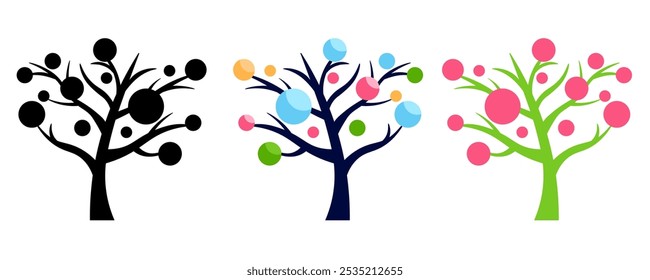 Decision tree icon with colorful circles on branch. Abstract tree in minimalistic style.