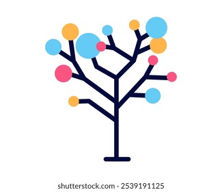 Decision tree icon with colorful circles on branch. Abstract tree in minimalistic style.