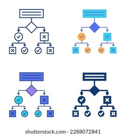 Decision tree icon set in flat and line style. Algorithm symbol, complex problem solution. Vector illustration.