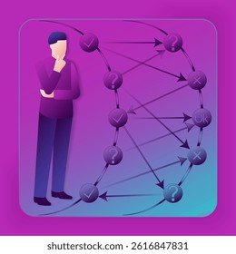 Decision tree for identifying problems and opportunities in decision making process. Male. Glass morphism. Vector illustration.