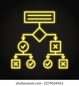 Icono de neón del árbol de decisiones en estilo de línea. Símbolo de algoritmo, solución de problemas compleja. Ilustración vectorial.