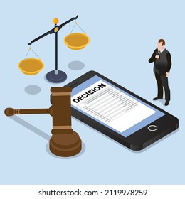Concepto de vector de decisión. Empresario mirando el documento de la decisión en el teléfono celular mientras está de pie con el juez gavel y escalas de justicia