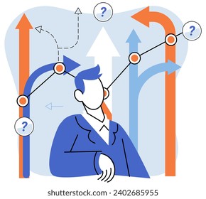 Decision vector illustration. Thoughtful consideration and analysis are required to select most suitable option Finding right answer often involves intelligent thought and problem solving skills