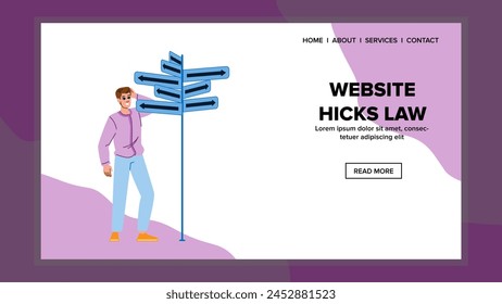 decision website hicks law vector. making overload, simplicity navigation, optimization conversion decision website hicks law web flat cartoon illustration