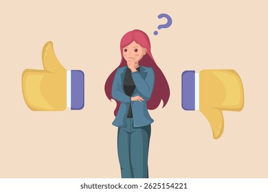 Decision Woman Contemplating Between Thumbs Up and Thumbs Down Feedback.