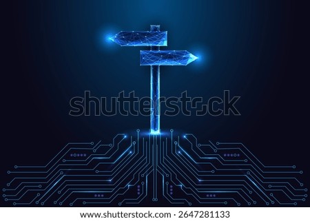 Decision-making, AI ethics, smart city navigation, and digital direction abstract concept. Two-way glowing signpost over a circuit board on dark blue background. Futuristic vector design.