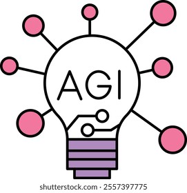 Decision-Making Capabilities Icon – Lightbulb with Network Nodes Around AGI Text, Representing Analytical and Autonomous Decisions by AI. Vector illustration.