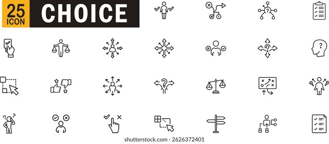 Decision-making and choice icon set. Direction, options, selection, strategy, checklist, approval, confusion, and balance concepts.