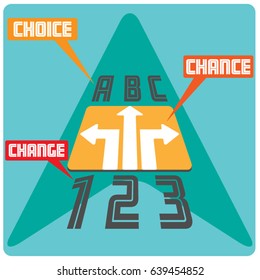 Decision-making concept. Alphabet, three ways direction arrow sign and numbers on cursor icon. Vector illustration.