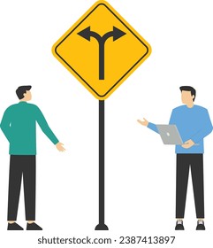 decision-making concept, Businessman decide the best route, Options, and decision way choice concept, alternative signs, learn to make your own decision, flat blue tone vector illustration design

