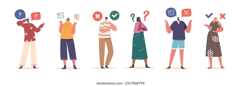 Decision-making Concept. Vector Characters Contemplating Options And Deciding Between Yes Or No, Cartoon Illustration