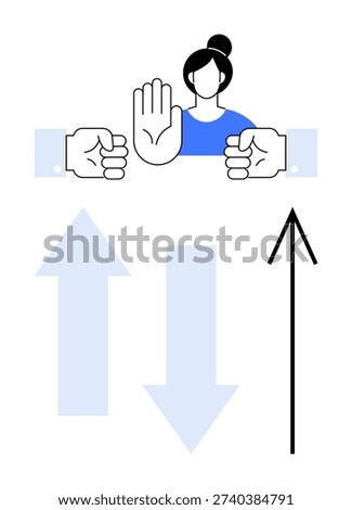 Decision-making, conflict management, teamwork, communication, problem solving, authority. Person with raised hand signal, two fists and direction arrows. Decision-making and conflict management