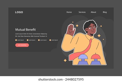 Decision-Making dark or night mode web, landing. Confident man pushing a button, confidently choosing among two options. Business choice determination. Flat vector illustration.