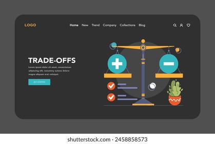 Decision-making dark or night mode web, landing. Strategic thinking, brainstorming and solution research. Multiple options. Pros and cons, risk and benefits analysis. Flat vector illustration