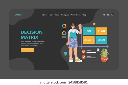 Decision-making dark or night mode web, landing. Strategic thinking, brainstorming and solution research. Multiple options. Pros and cons, risk and benefits analysis. Flat vector illustration