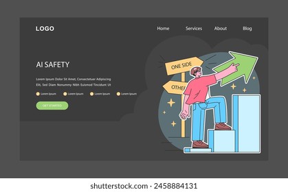 Decision-making dark or night mode web, landing. Empowered man climbs, confidently choosing a direction among different options. Choice and path determination. Flat vector illustration.