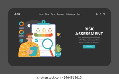 Decision-making dark or night mode web, landing. Strategic thinking, brainstorming and solution research. Multiple options. Pros and cons, risk and benefits analysis. Flat vector illustration