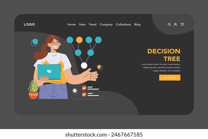 Decision-making dark or night mode web, landing. Strategic thinking, brainstorming and solution research. Multiple options. Pros and cons, risk and benefits analysis. Flat vector illustration