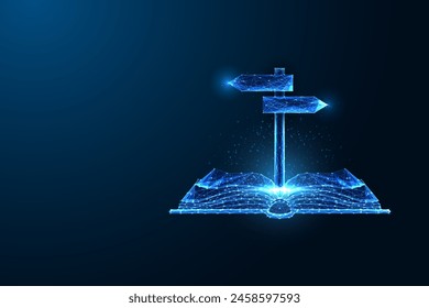 Toma de decisiones, exploración y caminos divergentes en la educación y la carrera. Concepto futurista en estilo poligonal brillante sobre fondo azul oscuro. Ilustración vectorial de diseño de conexión abstracta moderna.