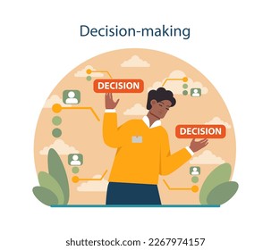 Decision-making. Human resources manager soft skills. HR agent competencies and professional ethic. Job recruitment, coaching and personnel efficiency improvement. Flat vector illustration