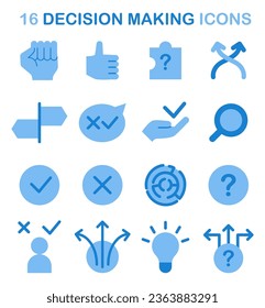 Iconos para la toma de decisiones. Pensamiento estratégico, lluvia de ideas y símbolo de investigación de soluciones. Dilema de múltiples opciones. Elección racional o intuitiva. Ilustración vectorial plana