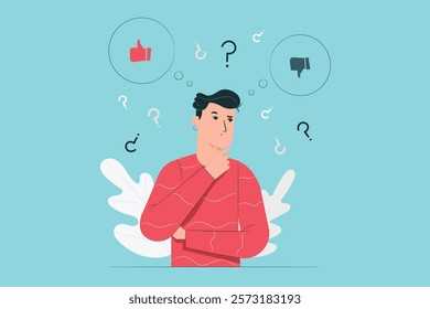 Decision-Making Illustration depicts a person contemplating a choice with like and dislike options, representing decision-making, indecision, and choosing between options.