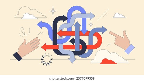 Decision-making involves navigating complex paths with guiding hands and arrows. Neubrutalism hands concept