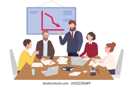 Decision-Making Meeting with standing man and Project Manager Discussing with Team and Team Manager Meeting Project Management Project Manager in meeting for company loss profit Project failure Team