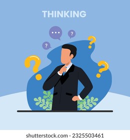Decision-making, problem-solving, concepts, tasks and career paths Confused businessman standing with question mark, Thoughtful person with laptop looking at big question mark
