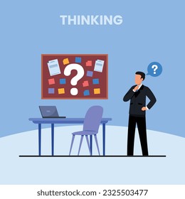 Decision-making, problem-solving, concepts, tasks and career paths Confused businessman standing with question mark, Thoughtful person with laptop looking at big question mark
