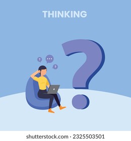 Decision-making, problem-solving, concepts, tasks and career paths Confused businessman standing with question mark, Thoughtful person with laptop looking at big question mark