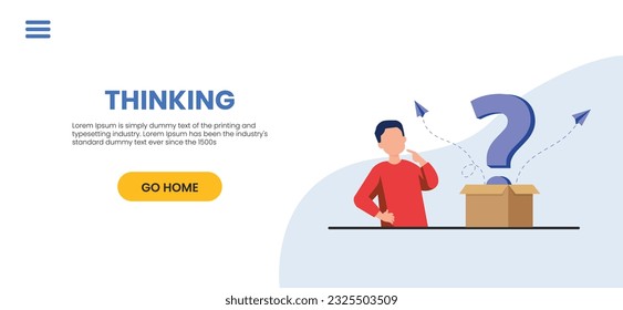 Decision-making, problem-solving, concepts, tasks and career paths Confused businessman standing with question mark, Thoughtful person with laptop looking at big question mark