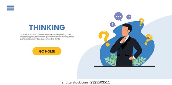 Decision-making, problem-solving, concepts, tasks and career paths Confused businessman standing with question mark, Thoughtful person with laptop looking at big question mark