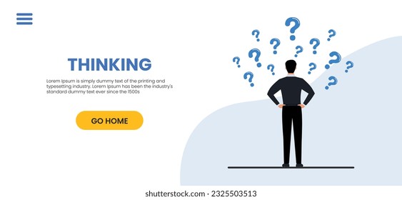 Decision-making, problem-solving, concepts, tasks and career paths Confused businessman standing with question mark, Thoughtful person with laptop looking at big question mark