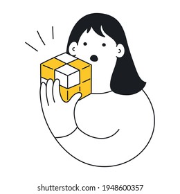 Decision-making Process, Logical Thinking, And Solving Logical Tasks. Cute Cartoon Woman Holding A Rubik Cube Or A Puzzle. Flat Thin Line Vector Illustration On White.