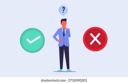 Proceso de toma de decisiones con confusión de opciones de negocio Sí o No en un hombre de negocios, diseño de modelo de Vector